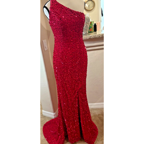 Lavetir One-Shoulder Split Side Long Sequin Dress Pink Size Medium 4-8 - Picture 3 of 14